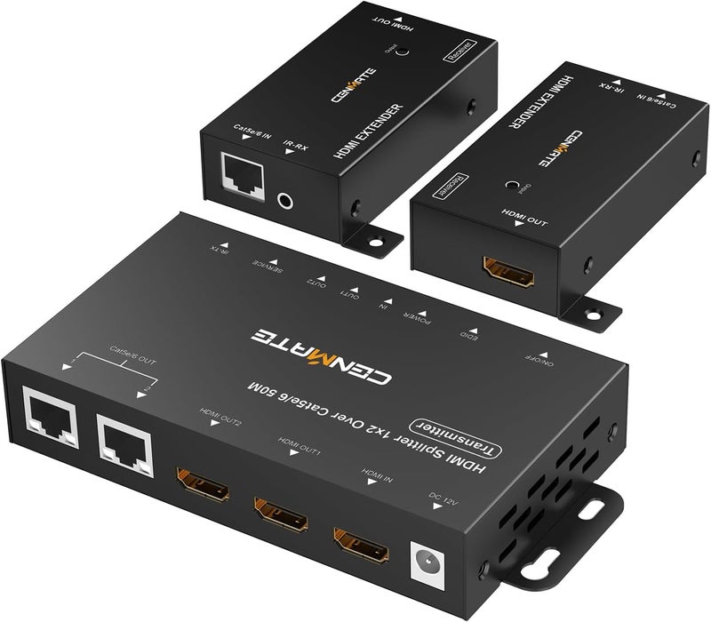 cenmate 1x2 HDMI Extender Splitter, 1080P@60Hz HDMI Over Ethernet, Up to 165 FT Transmission Over CAT5e/6/7, 2 Channel Transmission with 2 Loop Out, Supports IR Control, 3D, HDCP, EDID, POC - Image 1